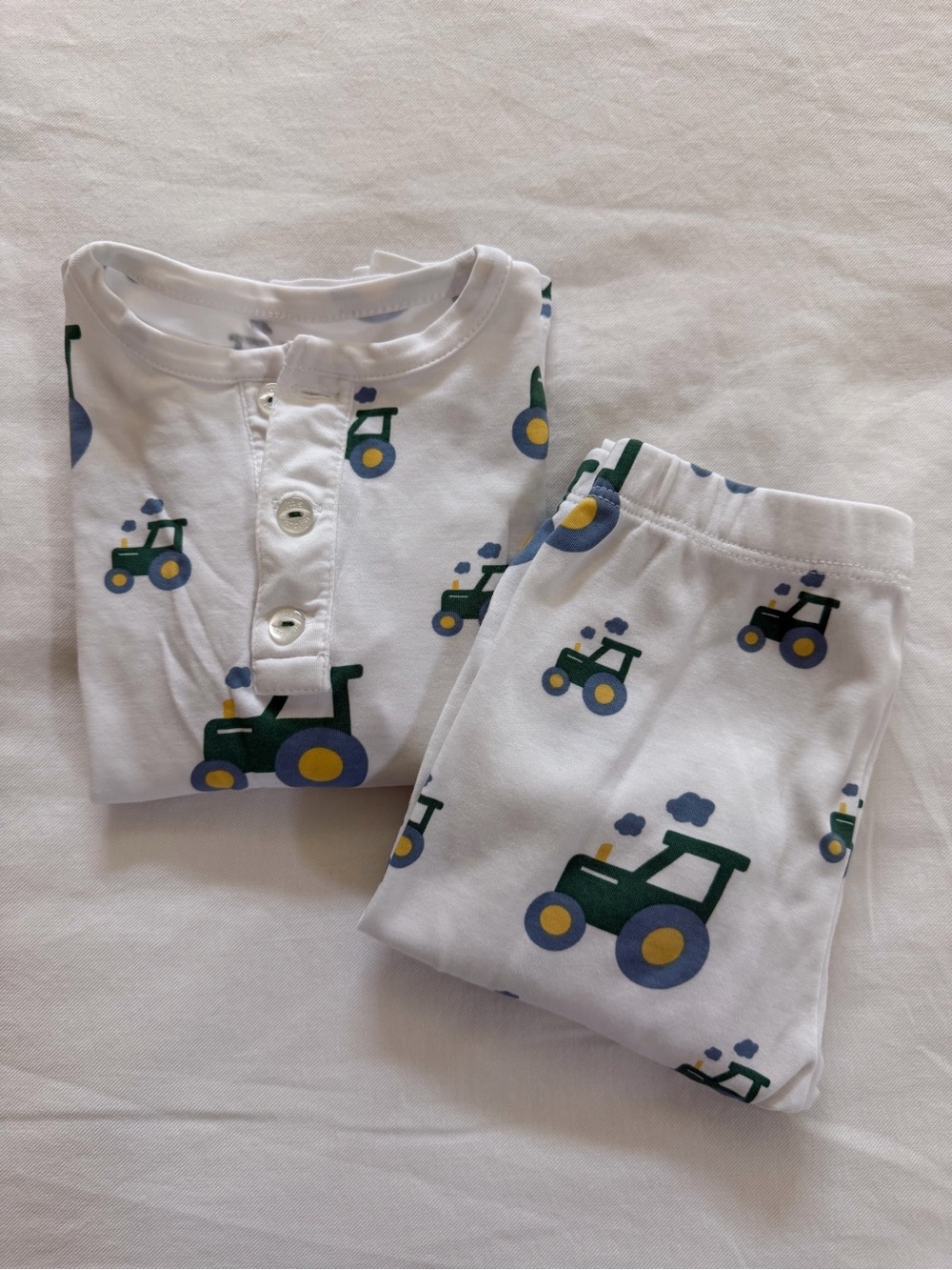 Little English White Pajama Set with Green and Blue Tractor Print